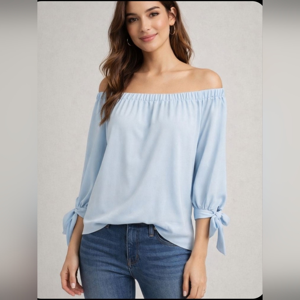 Womens Veronica M Off the Shoulder Heather Blue Blouse 3/4 Open Sleeve Small NWT